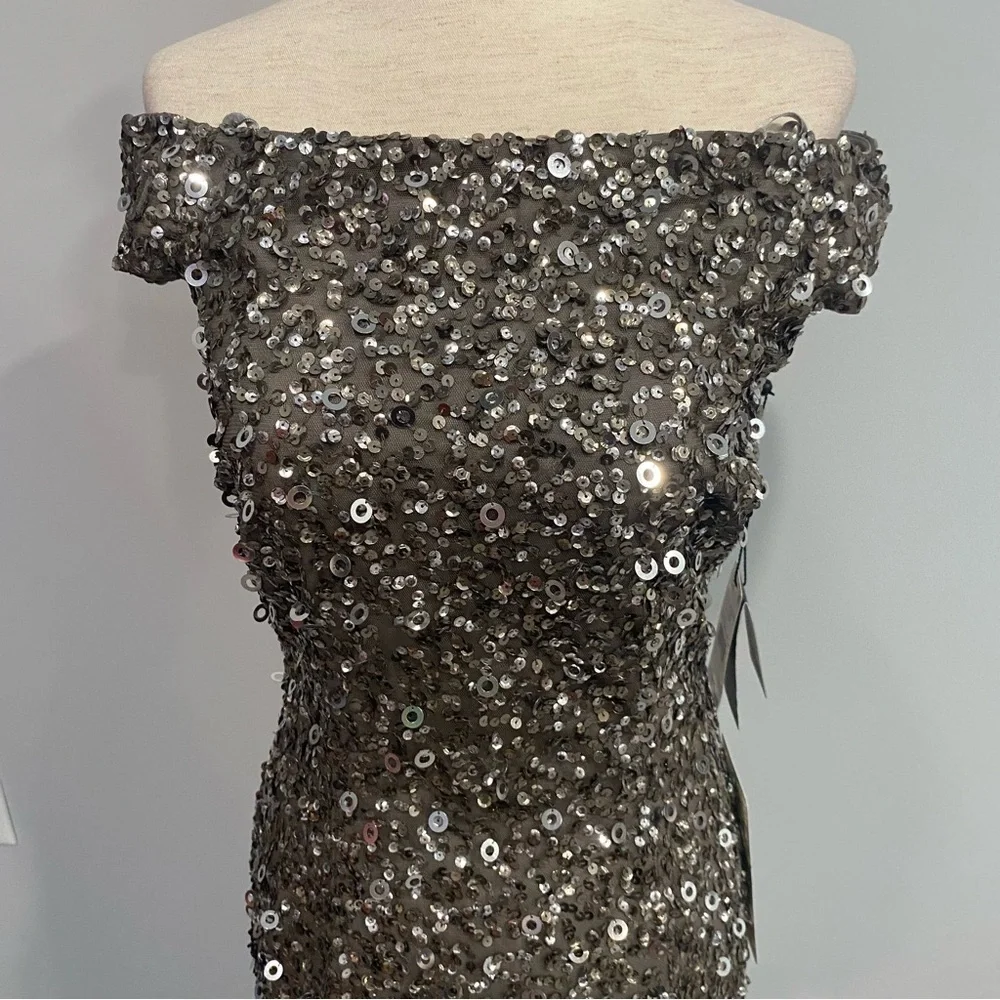 Adrianna Papell Silver Lead Off Shoulder Evening Dress Size 2 New with Tags - Picture 10 of 13